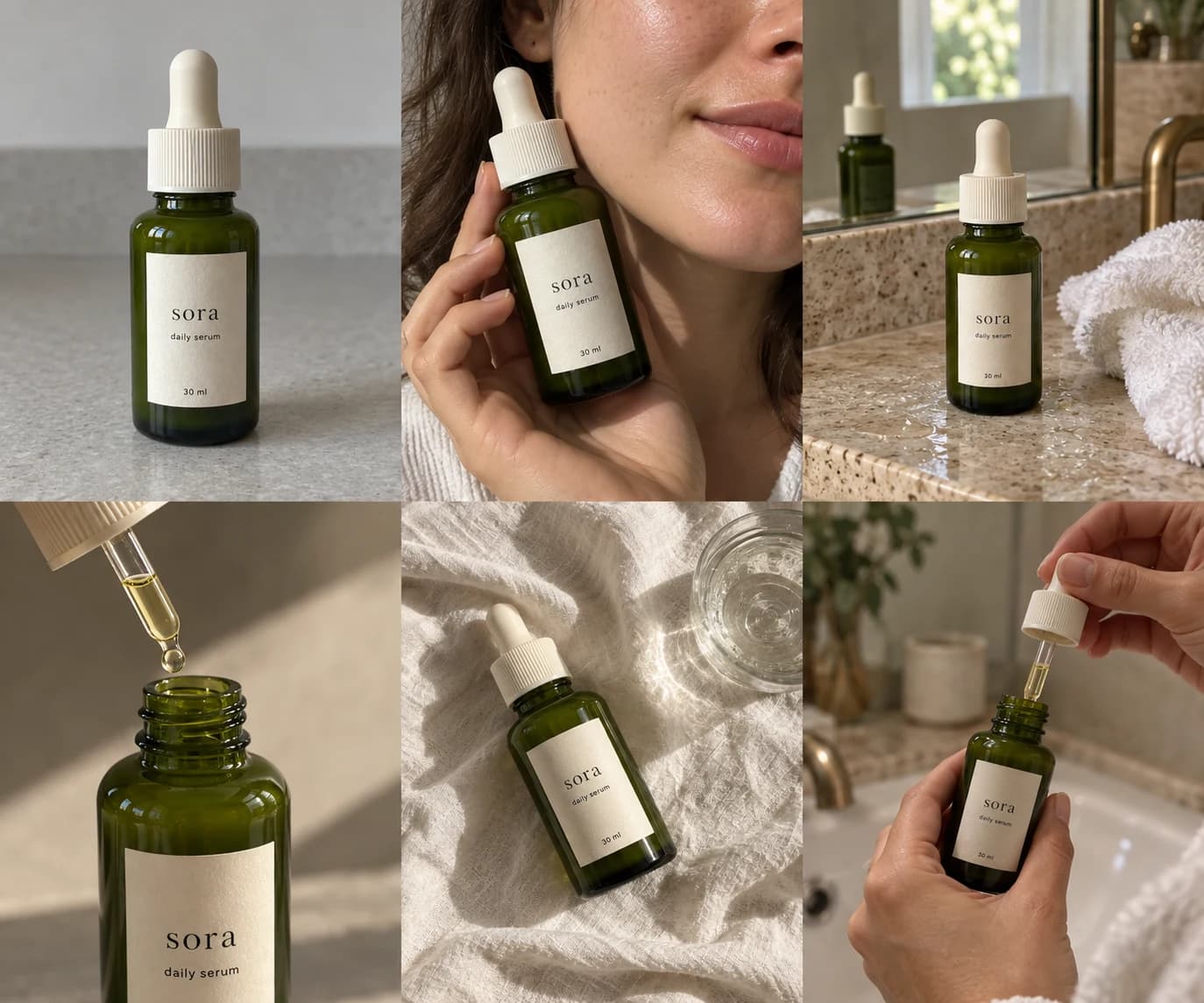 Model memegang serum Sora di dekat wajah