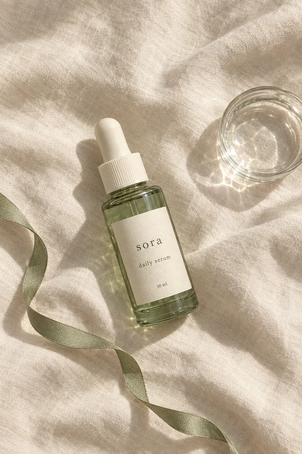 Botol serum Sora hijau sage di atas kain linen dengan mangkuk kaca
