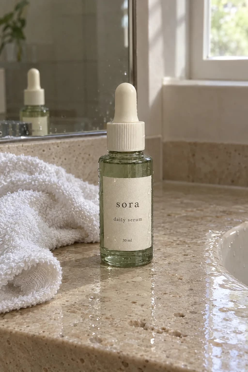 Serum Sora di meja kamar mandi dengan handuk putih