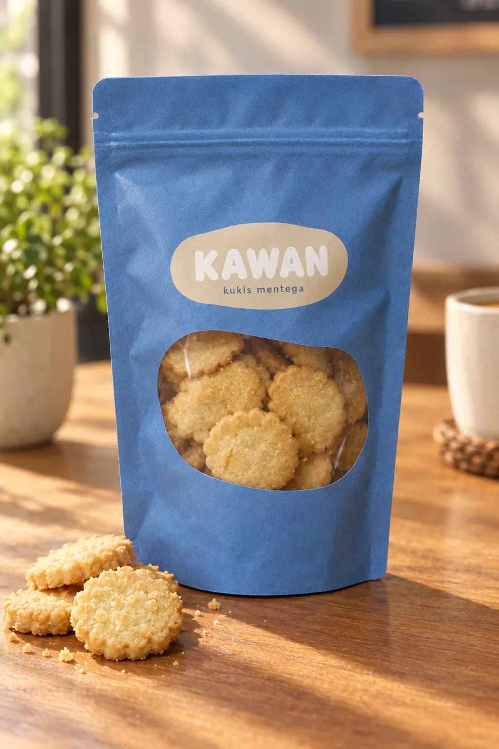 Kemasan kukis Kawan berdiri di meja kayu kafe dengan kukis lepas di sampingnya