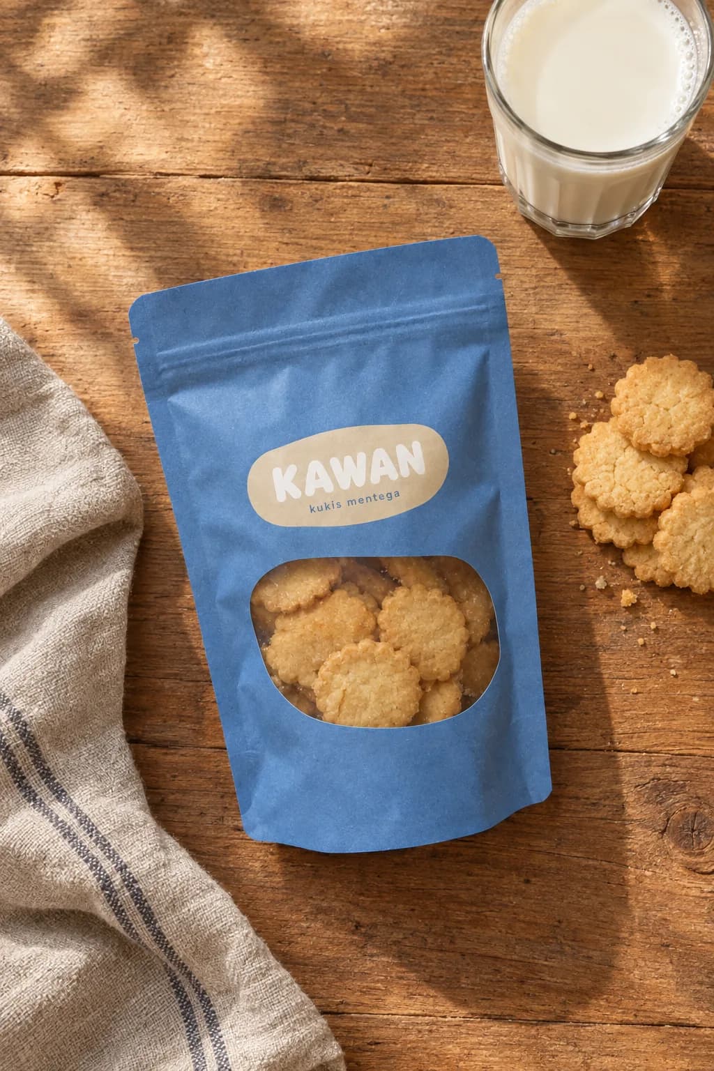 Kemasan kukis Kawan dan segelas susu difoto dari atas meja kayu